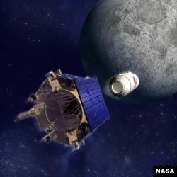 This artist's rendering depicts the LCROSS spacecraft and Centaur separation. (Credit: NASA)