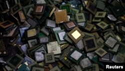 CPU chips are seen at a recycling facility. President Donald Trump blocked the sale of computer chip maker Lattice Semiconductor Corp. to a Chinese company, calling it a threat to national security.