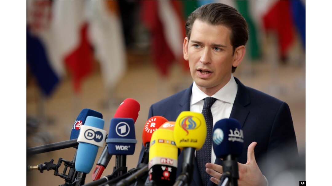FILE - Austrian Chancellor Sebastian Kurz speaks with the media as he arrives for an EU summit in Brussels, March 22, 2018.