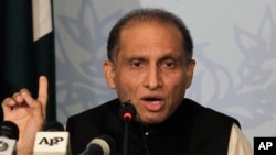 FILE - Pakistan’s Foreign Secretary Aizaz Chaudhry gestures during a press conference in Islamabad, Pakistan, May 8, 2015. In a rare admission Sunday, Chaudhry said “some” members of the terrorist Haqqani network are present in the Pakistan, but stressed that Islamabad is not allowing any group to conduct terrorist activities in Afghanistan.