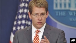 White House Press Secretary Jay Carney briefs reporters at the White House in Washington, DC, June 2, 2011
