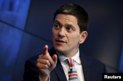 FILE - International Rescue Committee Chief Executive David Miliband speaks in New York, May 29, 2015.