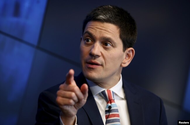 FILE - International Rescue Committee Chief Executive David Miliband speaks in New York, May 29, 2015.