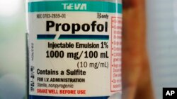 FILE - A bottle of Propofol, the nation's most popular anesthetic, is shown at Good Samaritan Hospital in Los Angeles, California. 