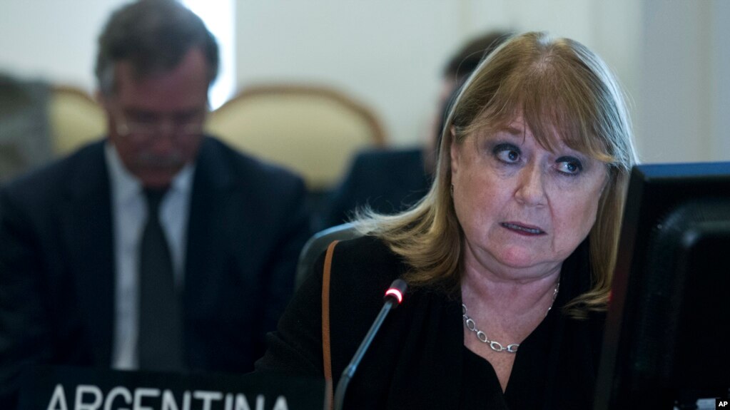 FILE - Argentina's Foreign Minister Susana Malcorra speaks at the Permanent Council of the Organization of American States in Washington, April 3, 2017.