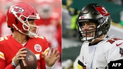 Patrick Mahomes, left, and Tom Brady, right, are two of the most important players in Sunday's Super Bowl. (Photos by Jamie Squire and Stacy Revere / GETTY IMAGES NORTH AMERICA / AFP)