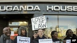 Gay rights demonstrators take part in a protest outside the Uganda High Commission in London (file photo)