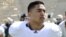 An April 2012 photo of Notre Dame's linebacker Manti Te'o at the Blue and Gold spring NCAA college football game in South Bend, Indiana.