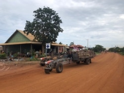 A villager drives a tractor past a private health clinic in Kampong Thom province’s Krayea commune, where children diagnosed with dengue fever stay for treatment, June 2019. (Sun Narin/VOA Khmer)