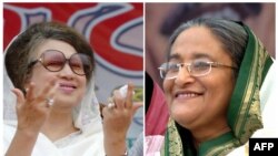 (FILE) Pemimpin politik Bangladesh Khaleda Zia (kiri), ketua Partai Nasionalis Bangladesh (BNP) dan ketua Liga Awami Bangladesh (AL) Sheikh Hasina Wajed. (Farjana K. GODHULY/AFP)