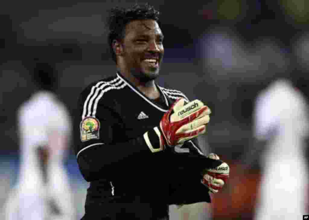 Sudan's goalkeeper Akram El Hadi Salim celebrates after his team scored against Burkina Faso during their African Nations Cup Group B soccer match at Estadio de Bata "Bata Stadium", in Bata January 30, 2012.