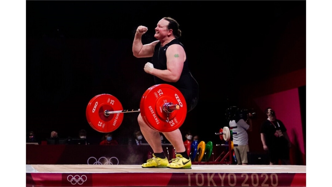 Laurel Hubbard of New Zealand reacts after a lift in the women's +87kg weightlifting event at the 2020 Summer Olympics, Aug. 2, 2021.