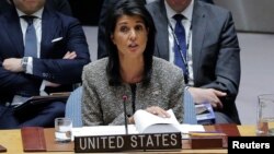 Đại sứ Mỹ tại Liên Hiệp Quốc Nikki Haley phát biểu tai cuộc họp của Hội đồng Bảo an hôm 29/11.