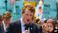 FILE - Rep. Joe Kennedy, D-Mass., speaks in front of the Supreme Court in Washington, June 26, 2018. 