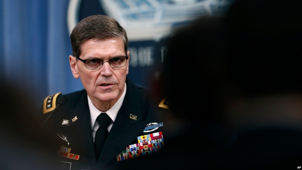 Gen. Joseph Votel speaks during a news conference with Defense Secretary Jim Mattis at the Pentagon, April 11, 2017. The commander of U.S. Central Command said it is looking to counter Iranian influence in the Middle East via cyberspace.