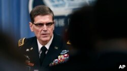 FILE - Gen. Joseph Votel speaks during a news conference at the Pentagon, April 11, 2017.