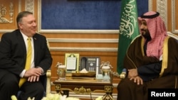FILE - U.S. Secretary of State Mike Pompeo meets with Saudi Crown Prince Mohammed bin Salman in Riyadh, Saudi Arabia, Jan. 14, 2019.