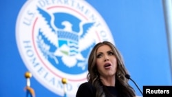 FILE: Homeland Security Secretary Kristi Noem speaks to employees at the Department of Homeland Security in Washington, Jan. 28, 2025. (U.S. Manuel Balce Ceneta/Pool via Reuters)