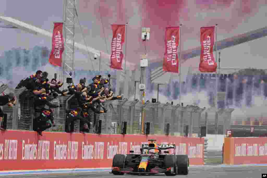 Red Bull driver Max Verstappen of the Netherlands crosses the finish line to win the French Formula One Grand Prix at the Paul Ricard racetrack in Le Castellet, southern France.