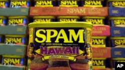 FILE - This March 3, 2004 file photo shows a collector's limited edition "Hawaii" can of Spam, with a hula doll on both sides of the can and a picture of three pieces of spam musubi in Kailua, Hawaii.