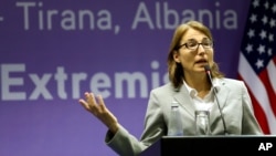 U.S. Undersecretary of State for Civilian Security, Democracy and Human Rights Sarah Sewall speaks at a news conference in Albania's capital Tirana, May 19, 2015. 