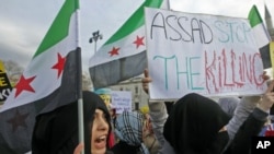 A demonstrator protests Syria's President Bashar al-Assad in Damascus, Dec. 19, 2011.