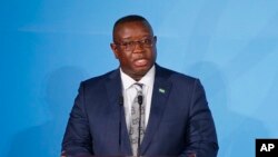 FILE - Sierra Leone's President Julius Maada Bio addresses the Climate Action Summit in the United Nations General Assembly at the U.N. headquarters, on September 23, 2019.