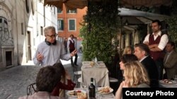 Woody Allen directs a scene from "To Rome With Love," with Alec Baldwin (seated right). (Philippe Antonello ©Gravier Productions/Sony Pictures Classics) 