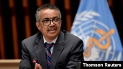 FILE - World Health Organization Director-General Tedros Adhanom Ghebreyesus attends a news conference in Geneva