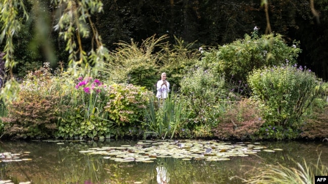 FILE - A woman takes a photo of Nympheas in the French Impressionist painter Claude Monet's gardens (Jardins de Claude Monet) in in Giverny, northwestern France, on Aug. 29, 2024.