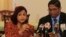 Maldivian Foreign Minister Dunya Maumoon, left, speaks to reporters during a media briefing in Colombo, Sri Lanka, March 16, 2015. 