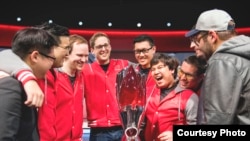 Maryville University of St. Louis celebrates their victory at the 2017 League of Legends College Championsips (Courtesy of Riot Games)