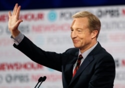 FILE - In this Dec. 19, 2019, file photo, Democratic presidential candidate businessman Tom Steyer waves before a Democratic presidential primary debate in Los Angeles, Calif.