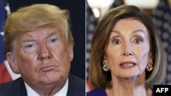 This combination of pictures shows U.S. President Donald Trump at U.N. headquarters in New York and U.S. Speaker of the House Nancy Pelosi, Democrat of California, in Washington, both taken Sept. 24, 2019.