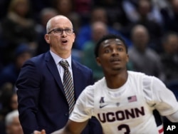 FILE - Connecticut's Dan Hurley in his first game at UConn as head coach during an NCAA basketball game against Morehead State, in Storrs, Conn., Thursday, Nov. 8, 2018. (AP Photo/Jessica Hill)