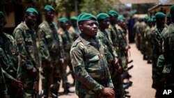 African peacekeeping mission troops known as MISCA, listen to U.S. Ambassador to the U.N. Samantha Power in Bangui, Central African Republic, April 9, 2014. 