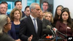 Chicago Mayor Rahm Emanuel speaks at a news conference, Nov. 14, 2016, in Chicago. The former White House chief of staff under President Obama said the outcome of the U.S. presidential election will not impact Chicago's commitment as a sanctuary city.