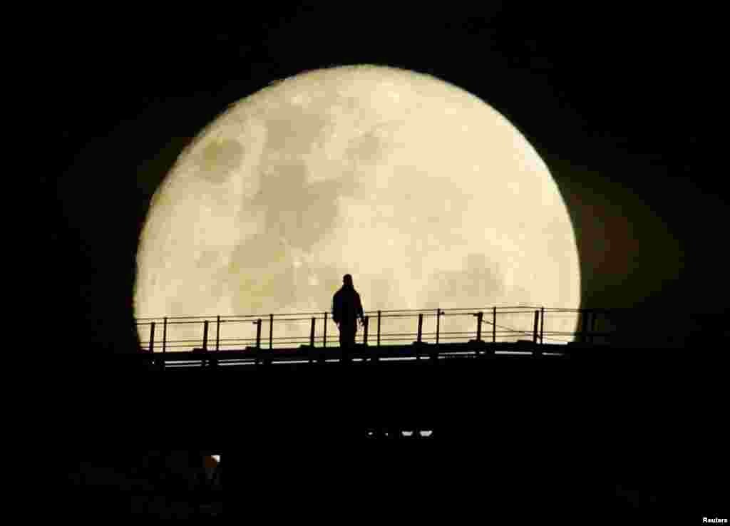 A man walks on the top span of the Sydney Harbor Bridge as the supermoon enters its final phase in Sydney, Australia.