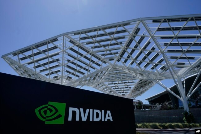 A Nvidia Corporation sign is shown in Santa Clara, California on May 31, 2023. (AP Photo/Jeff Chiu)