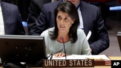 FILE - The new U.S. Ambassador to the U.N., Nikki Haley, addresses a Security Council meeting of the United Nations, Feb. 2, 2017.