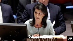 Duta Besar Amerika Serikat untuk PBB, Nikki Haley, berbicara dalam pertemuan Dewan Keamanan PBB (2/1). (AP/Richard Drew)