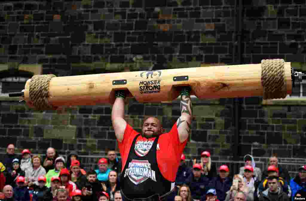 Paul Carter competes in the Ultimate Strongman Masters World Championship in Belfast, Northern Ireland.