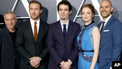 Producer Marc Platt, Ryan Gosling, Writer/Director Damien Chazelle, Emma Stone and Producer Fred Berger seen at Summit Entertainment, a Lionsgate Company, Presents the Los Angeles Premiere of "La La Land" at Village Theater, Dec. 6, 2016, in Los Angeles.