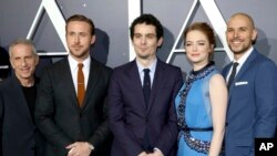 Producer Marc Platt, Ryan Gosling, Writer/Director Damien Chazelle, Emma Stone and Producer Fred Berger seen at Summit Entertainment, a Lionsgate Company, Presents the Los Angeles Premiere of "La La Land" at Village Theater on Dec. 6, 2016, in Los Angeles.