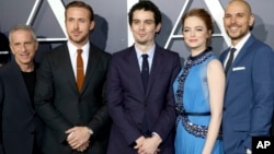 Producer Marc Platt, Ryan Gosling, Writer/Director Damien Chazelle, Emma Stone and Producer Fred Berger seen at Summit Entertainment, a Lionsgate Company, Presents the Los Angeles Premiere of "La La Land" at Village Theater, Dec. 6, 2016, in Los Angeles.