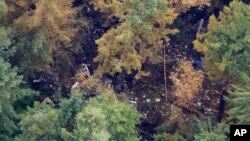 The site on Ketron Island in Washington state where an Horizon Air turboprop plane crashed Friday after it was stolen from Sea-Tac International Airport is seen from the air, Aug. 11, 2018, near Steilacoom, Wash. 