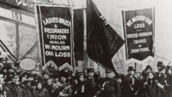 Labor union members gather to protest and mourn the loss of life in the March 25, 1911, fire at the Triangle Waist Company fire in New York