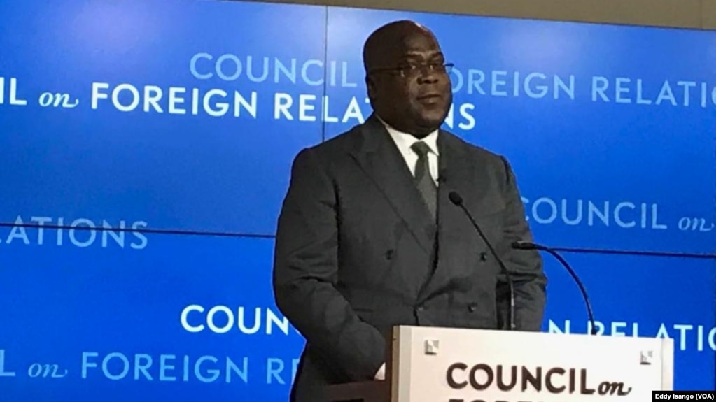 Le président Félix Tshisekedi de la RDC lors d'une conférence au Conseil sur les relations étrangères, Washington, le 4 avril 2019. (VOA/Eddy Isango) 