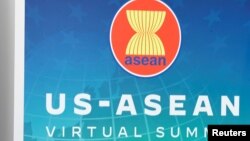 US President Joe Biden participates virtually with the ASEAN summit from an auditorium at the White House Oct. 26, 2021.