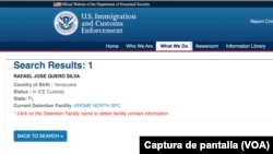 Captura de pantalla del sistema de localización de detenidos del Servicio de Aduanas y Protección de Fronteras de Estados Unidos (ICE), que muestra el nombre del teniente coronel venezolano Rafael Quero Silva, tomada la tarde del 3 de marzo de 2025.